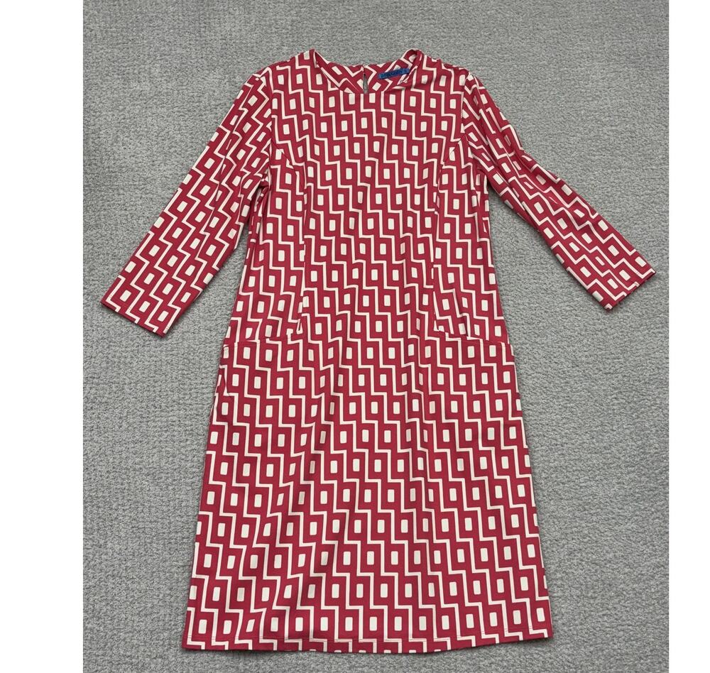 J. McLaughlin Pink White Geometric Print 3/4 Sleeve Dress Size L NWT #70951